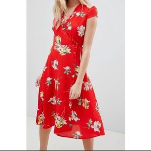 Boohoo Red Floral Midi Wrap Dress